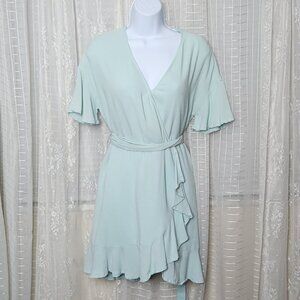 Entro Seafoam Green Blue Ruffled Feaux Wrap Dress W/ Sash SzM